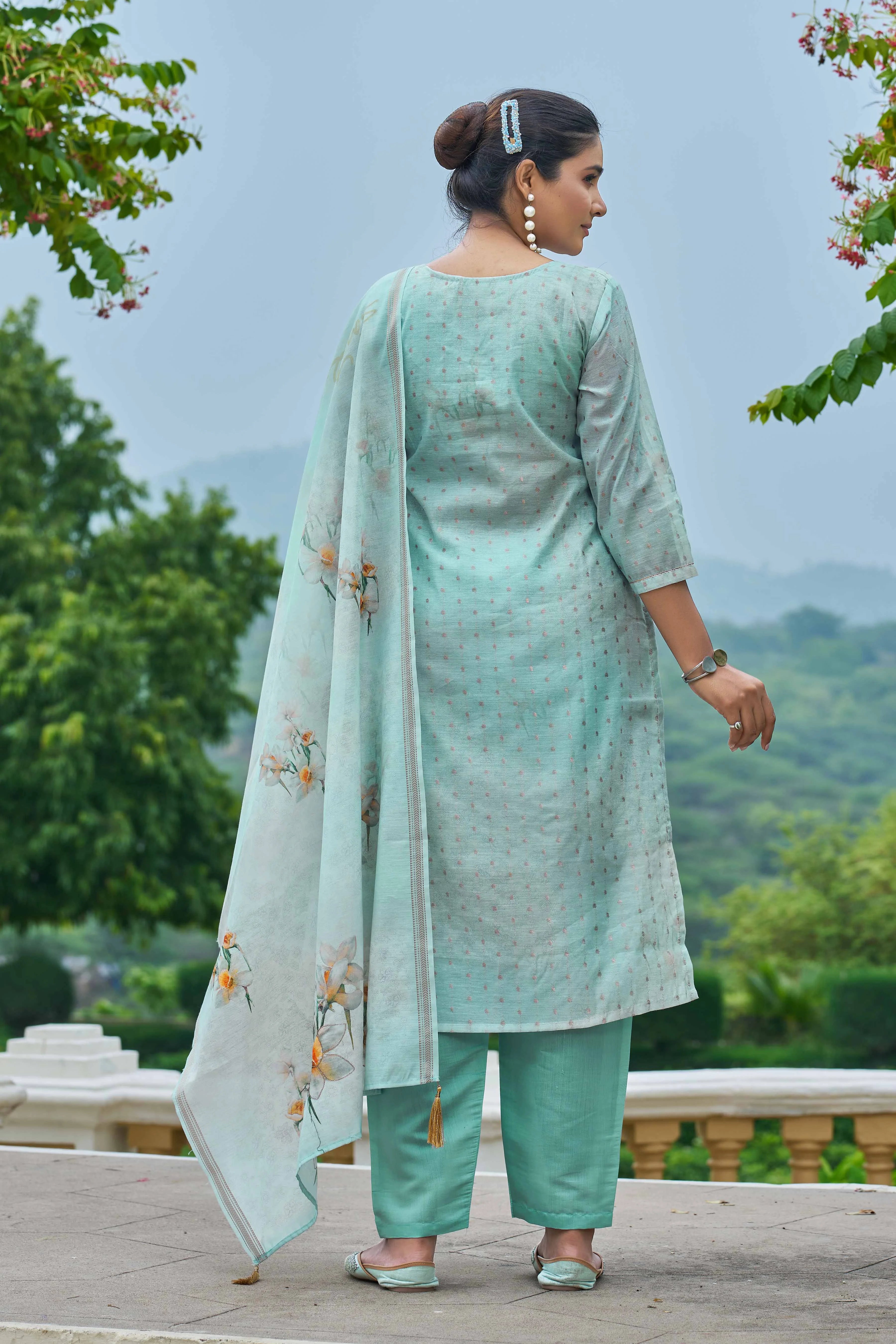 Hand Work Sea Green Chanderi Silk Suit