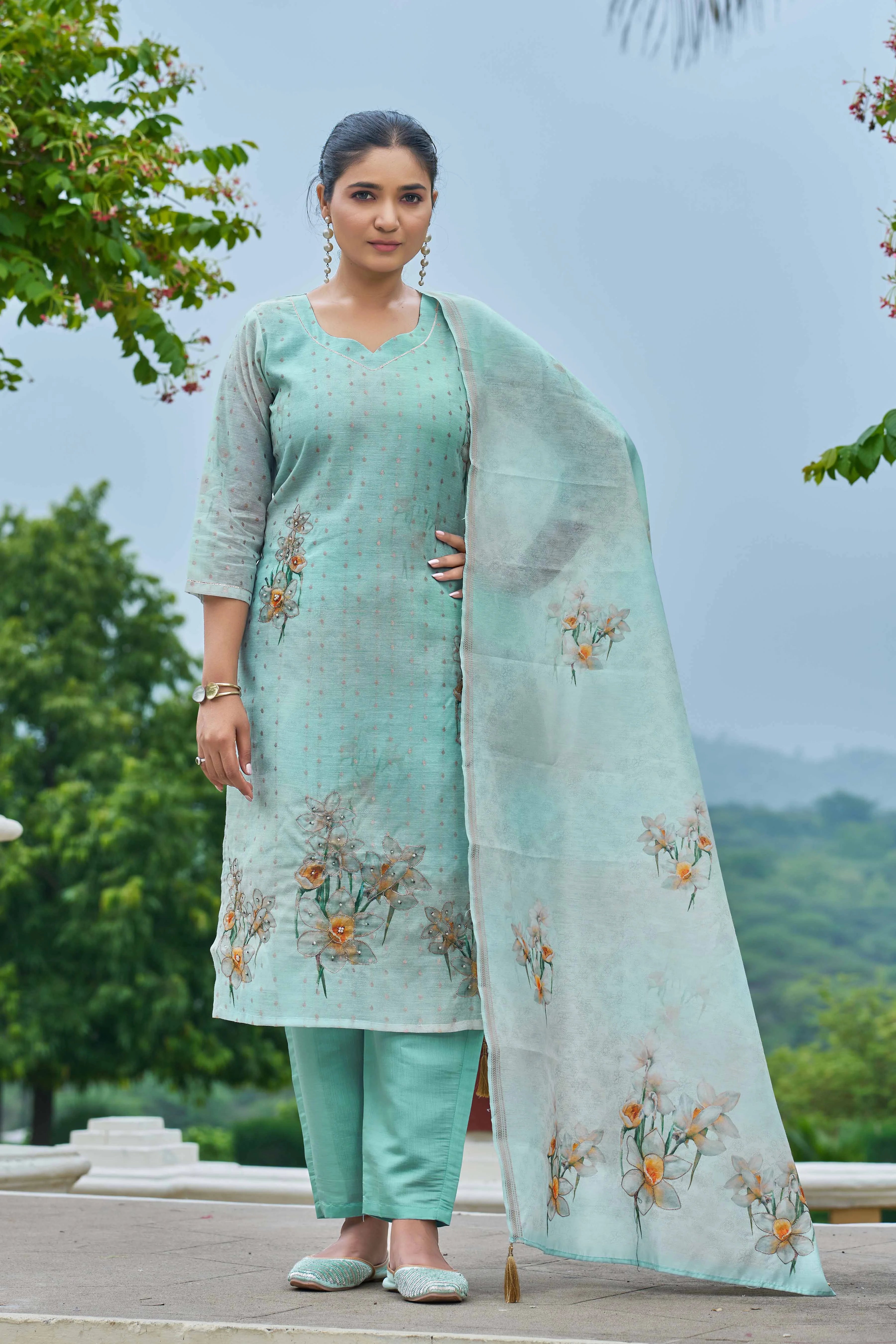 Hand Work Sea Green Chanderi Silk Suit