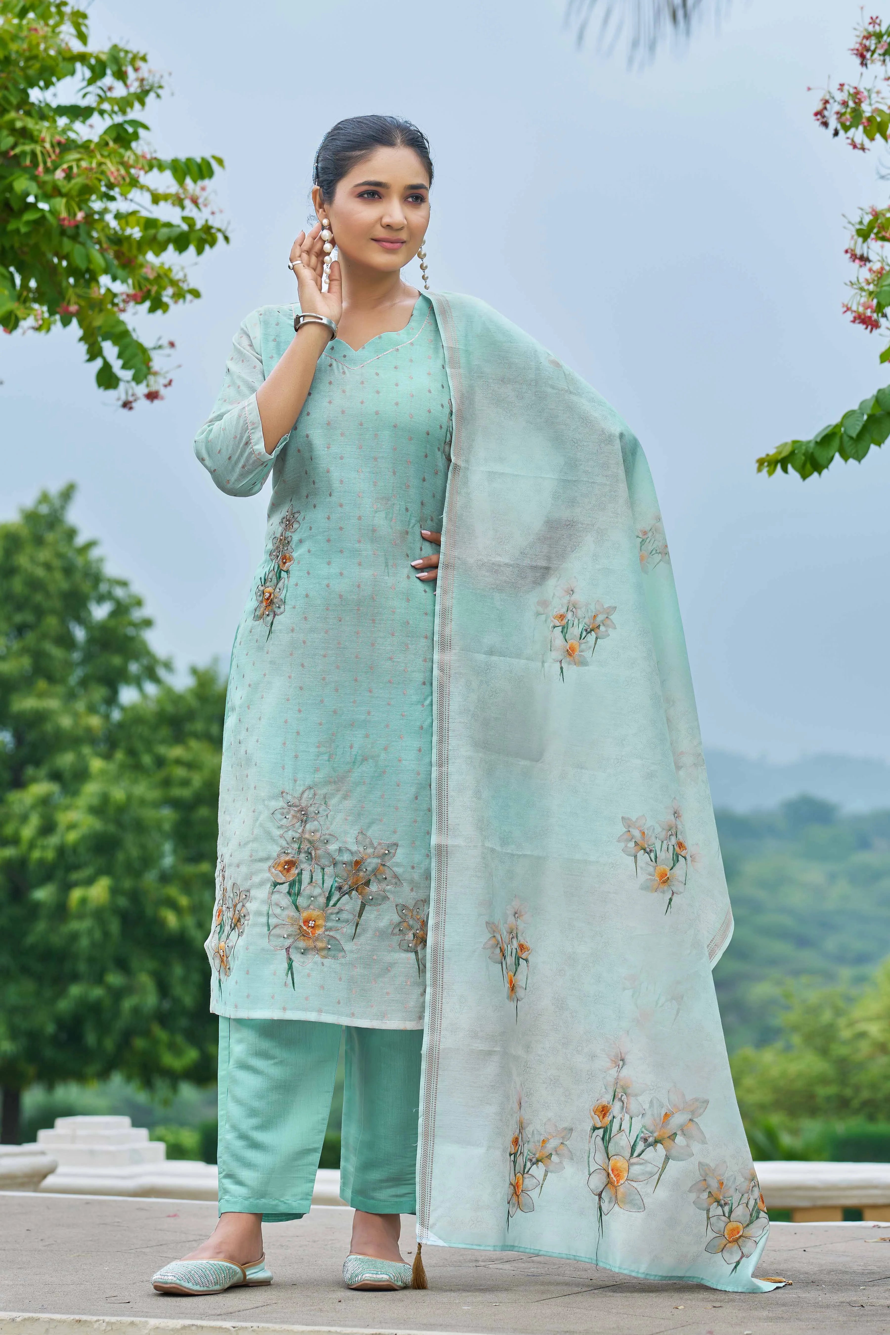 Hand Work Sea Green Chanderi Silk Suit - Twins Lady