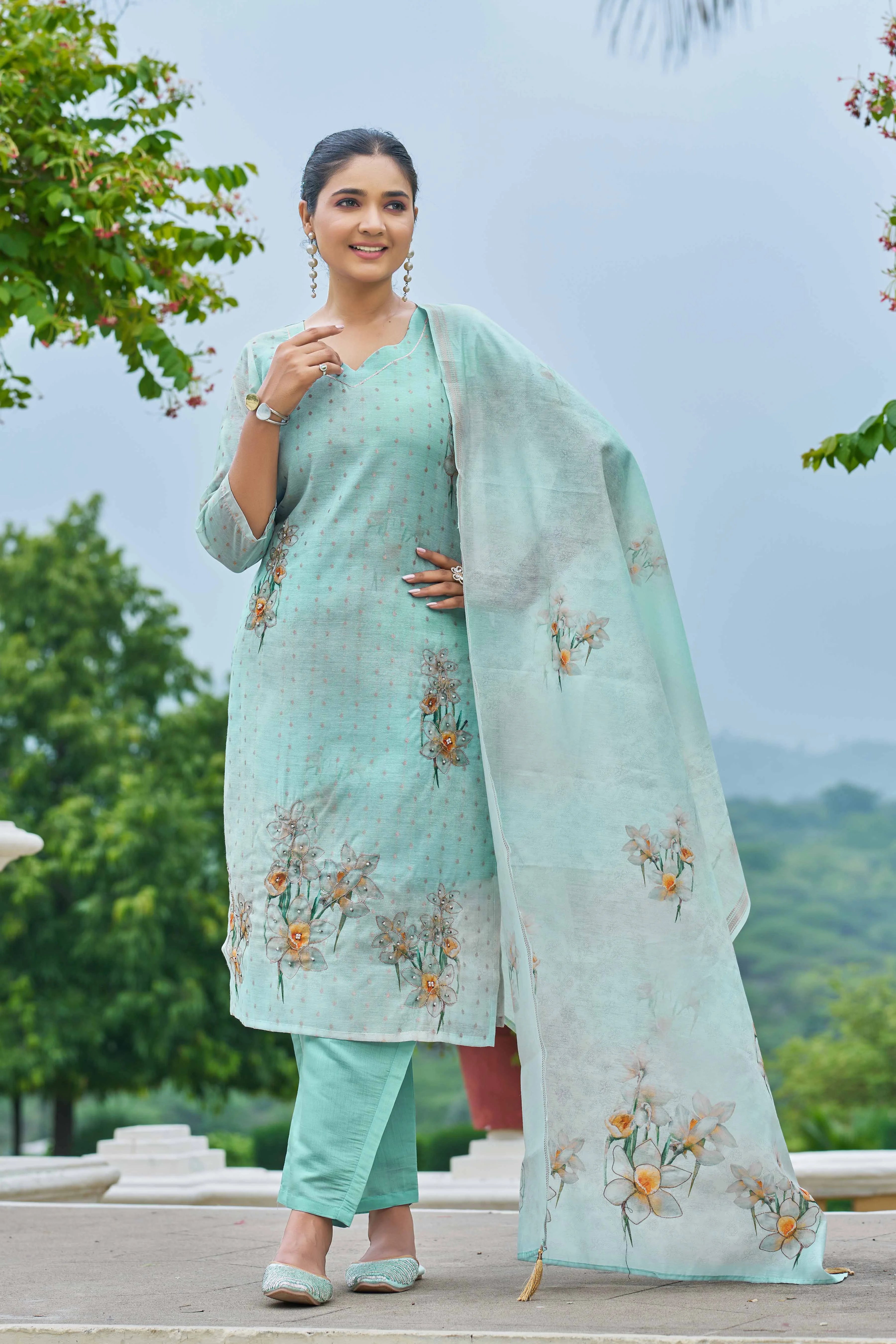 Hand Work Sea Green Chanderi Silk Suit