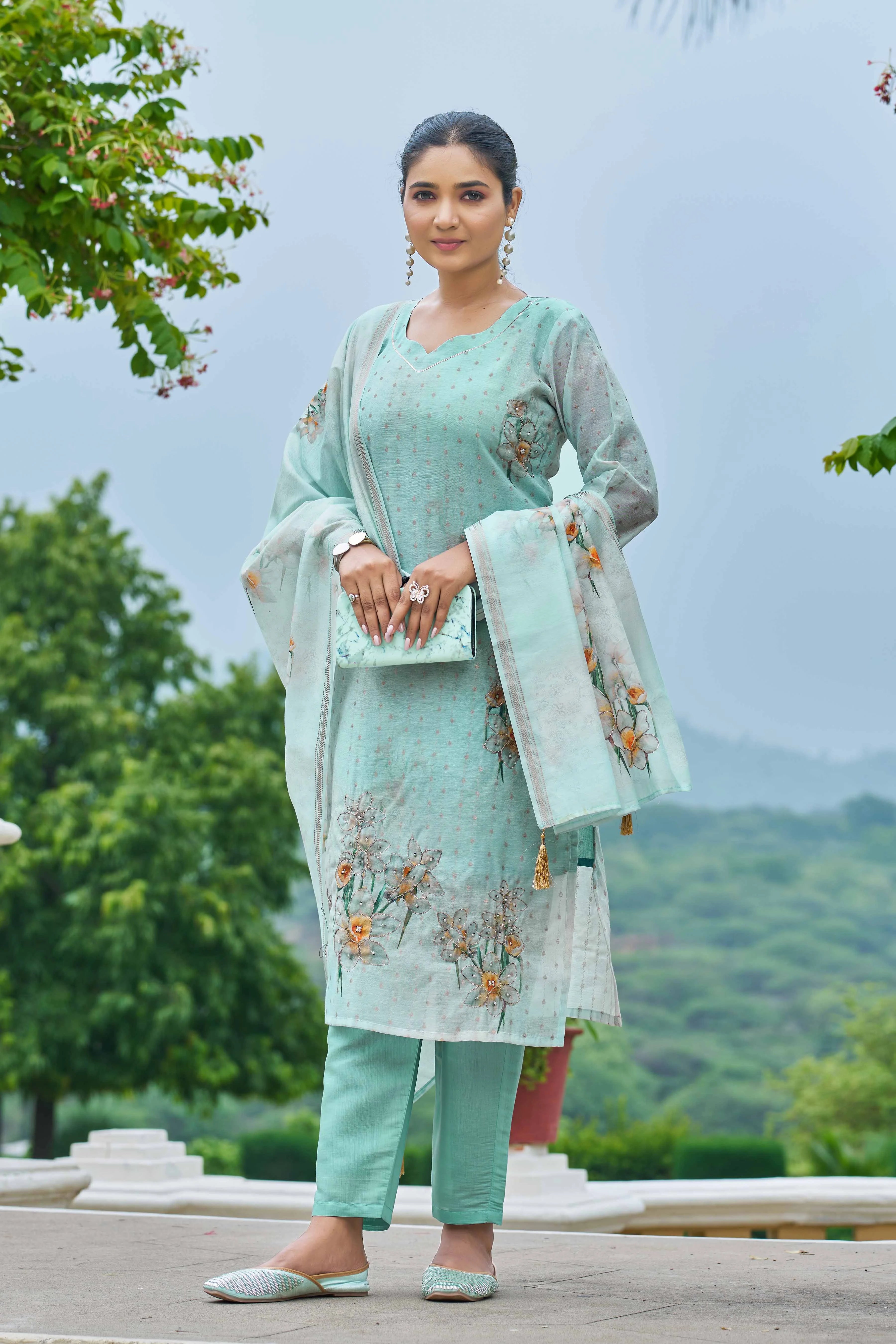 Hand Work Sea Green Chanderi Silk Suit