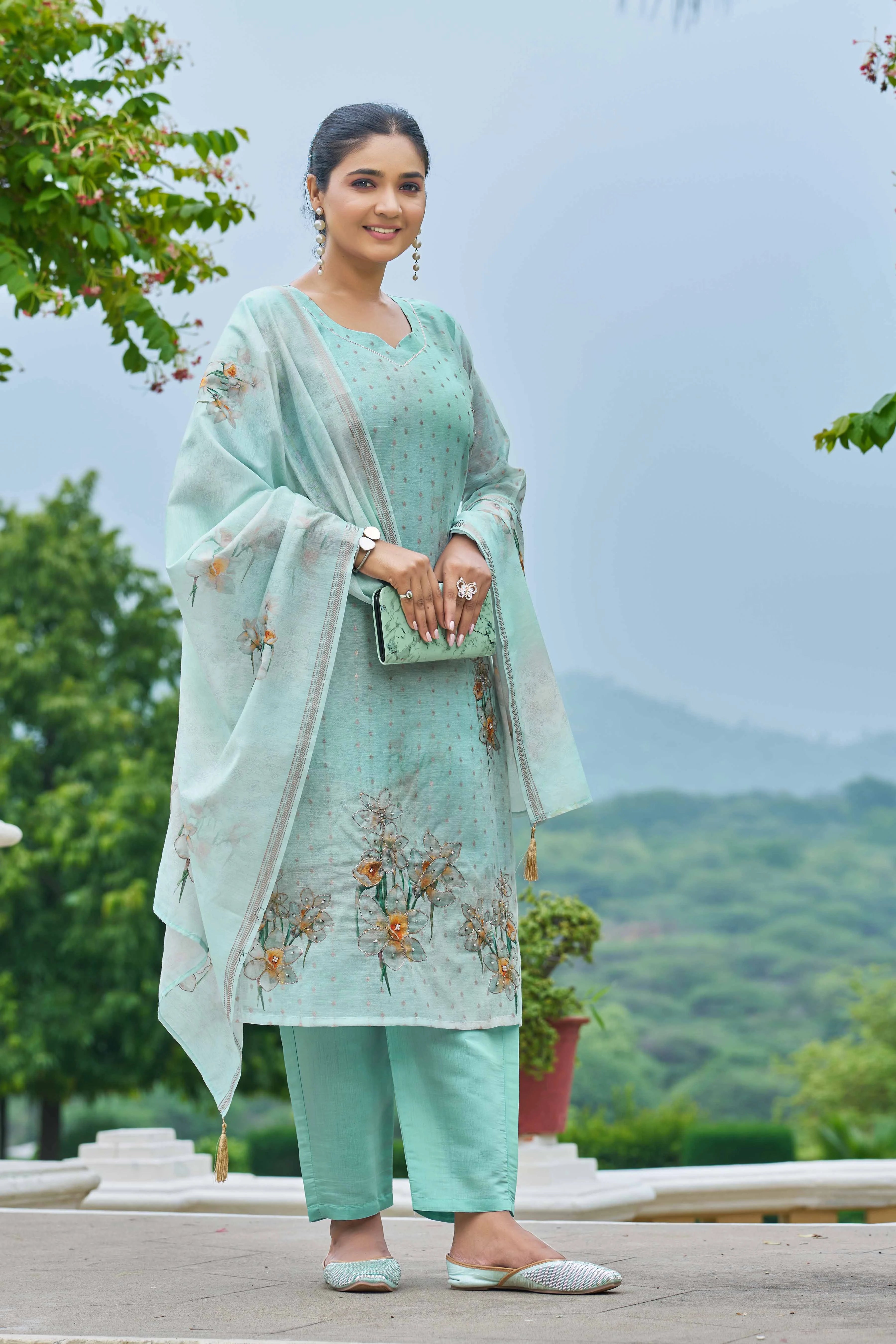 Hand Work Sea Green Chanderi Silk Suit