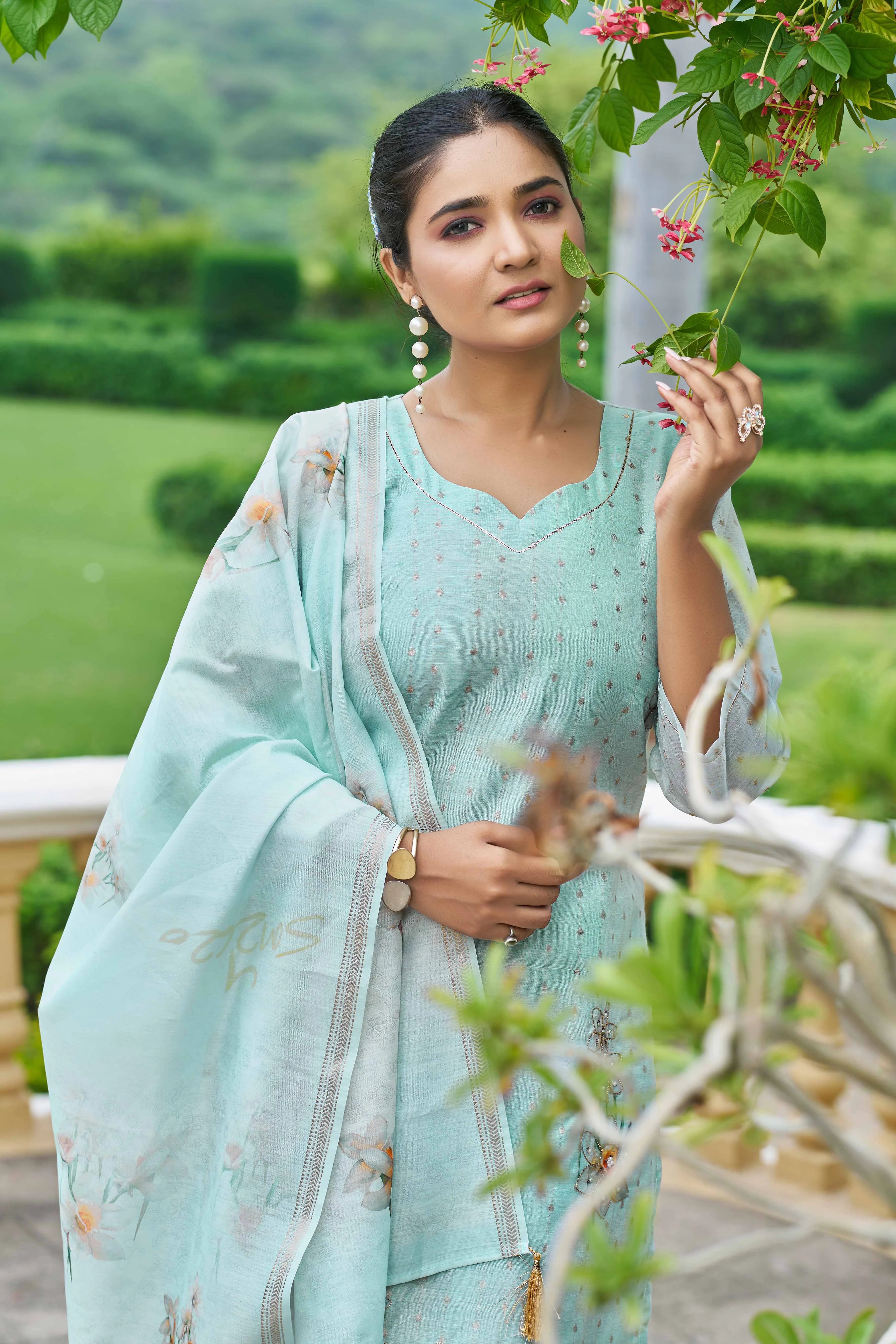 Hand Work Sea Green Chanderi Silk Suit