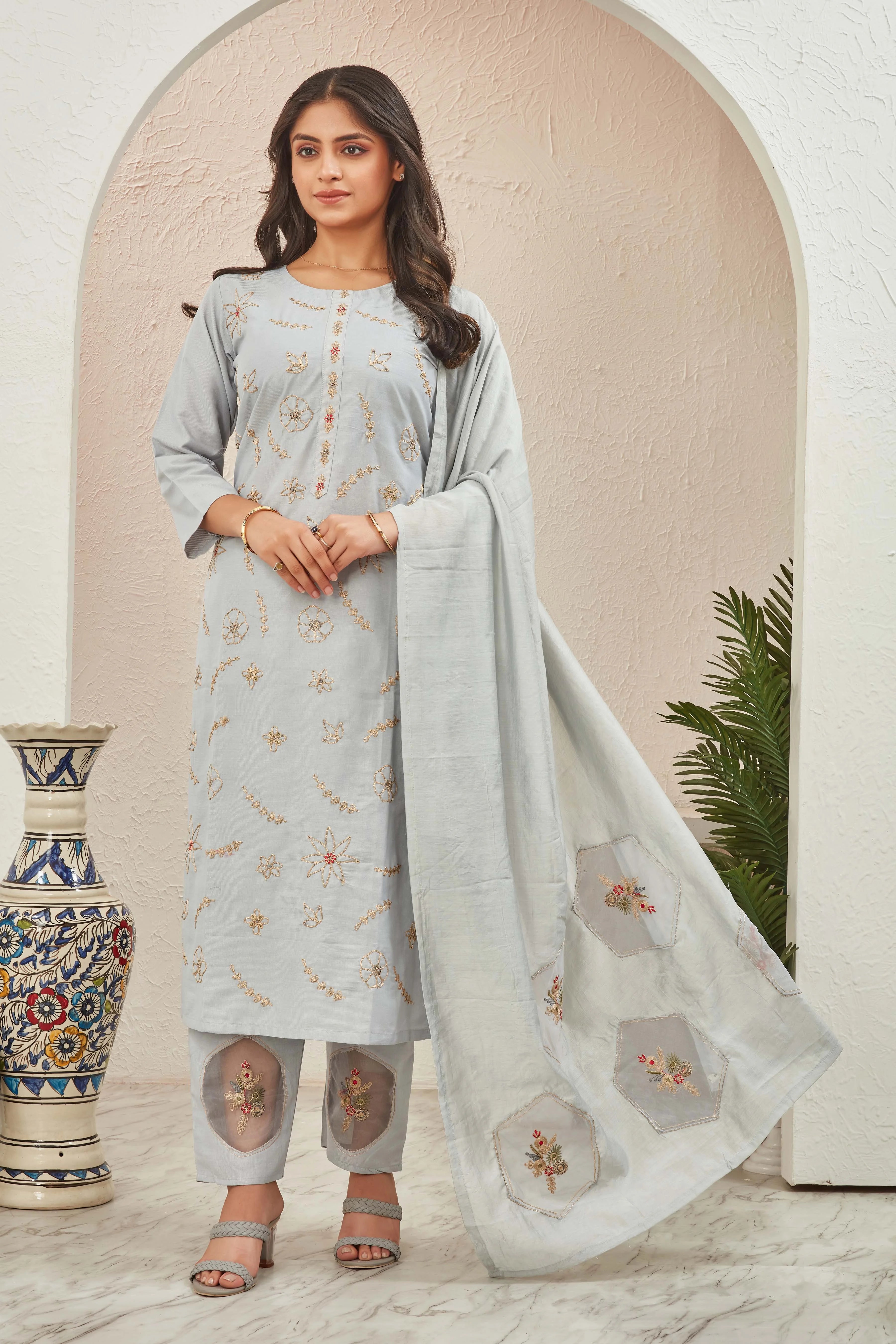 Gray Hand Embroidered Suit - Twins Lady