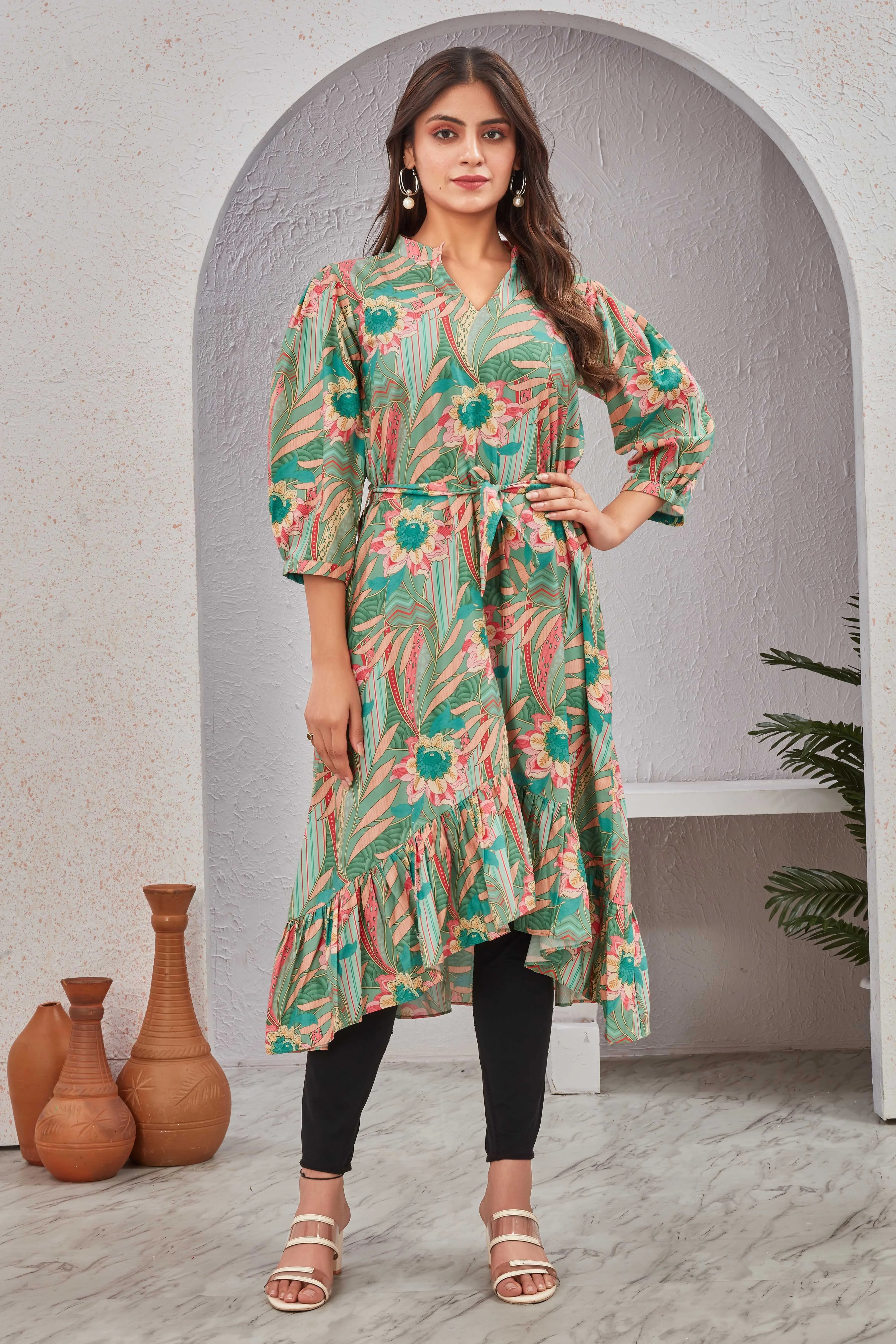 Printed Elegance Green Dress