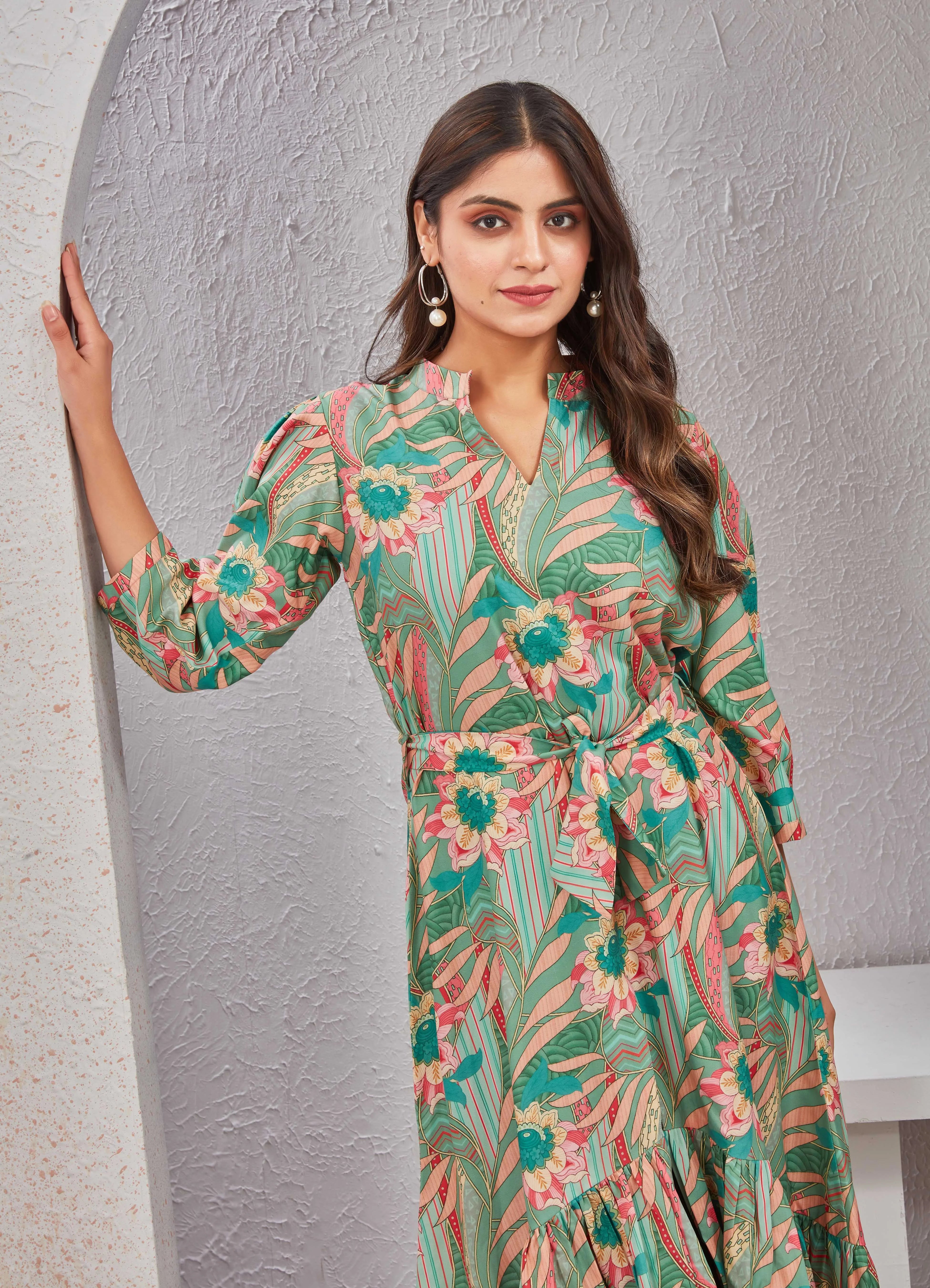 Printed Elegance Green Dress